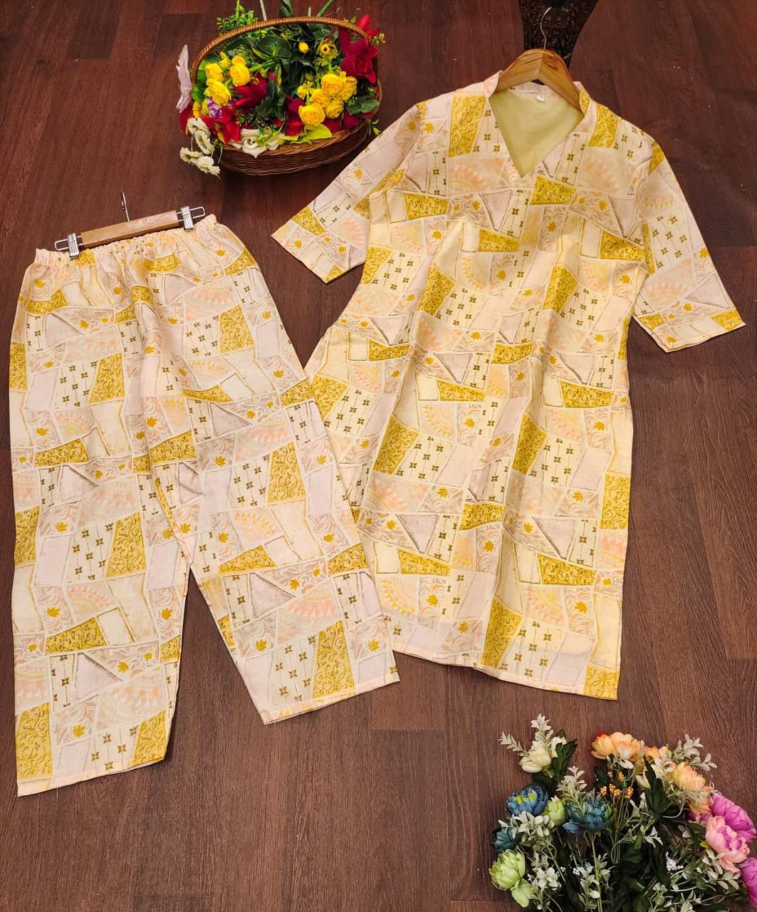Premium Festiv Yellow Cotton Kurti Set
