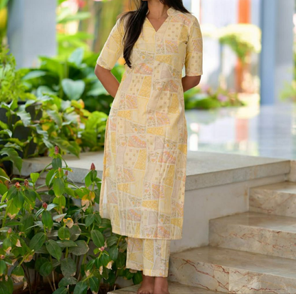 Premium Festiv Yellow Cotton Kurti Set