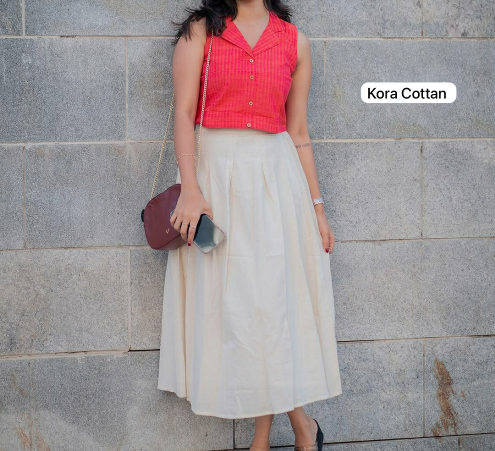Elegant Festive Pink Top And Skirt Kora Cotton