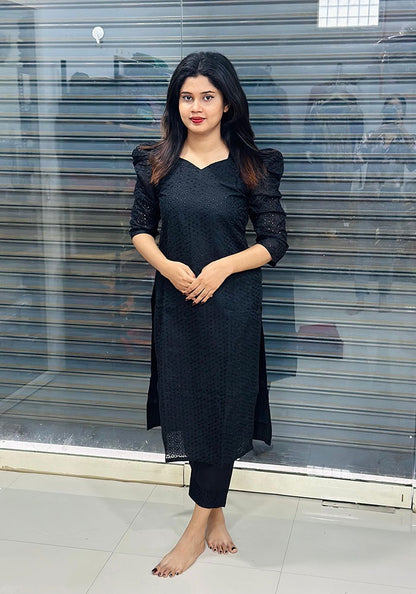 Hakoba Cotton Black Cord Set With Puff Sleeve Sweet Heart Neck