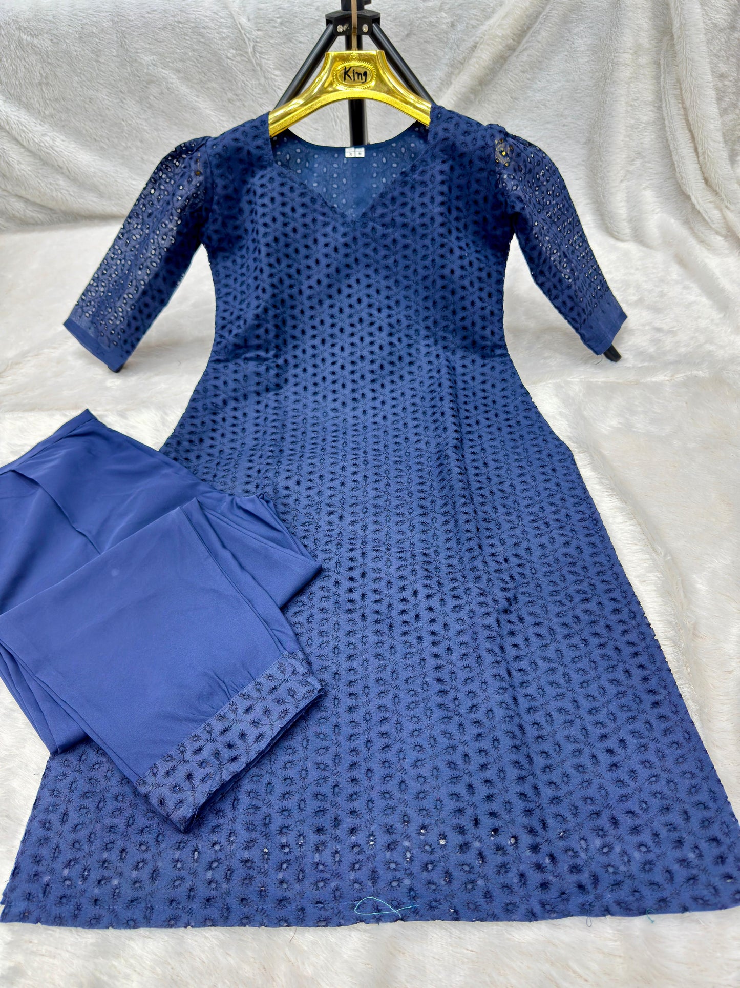 Hakoba Cotton Navy Blue Cord Set With Puff Sleeve Sweet Heart Neck
