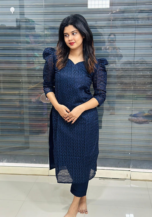 Hakoba Cotton Navy Blue Cord Set With Puff Sleeve Sweet Heart Neck