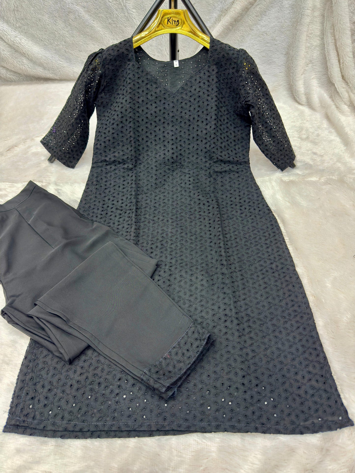 Hakoba Cotton Black Cord Set With Puff Sleeve Sweet Heart Neck