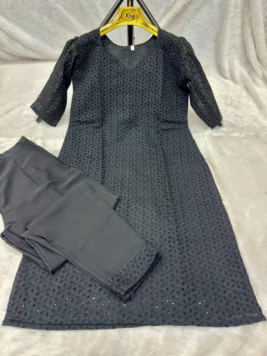 Hakoba Cotton Black Cord Set With Puff Sleeve Sweet Heart Neck