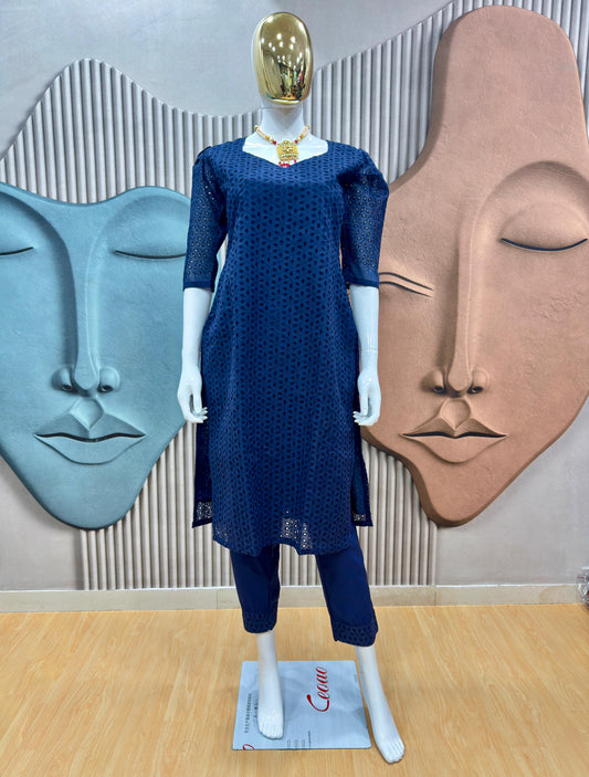 Hakoba Cotton Navy Blue Cord Set With Puff Sleeve Sweet Heart Neck