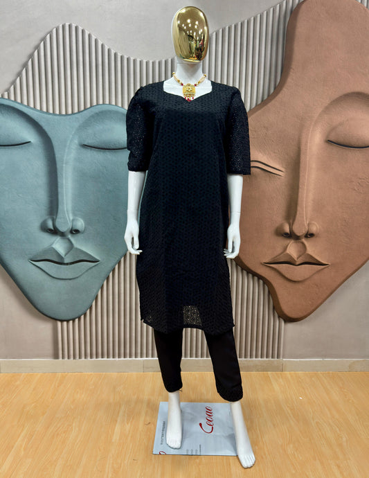 Hakoba Cotton Black Cord Set With Puff Sleeve Sweet Heart Neck