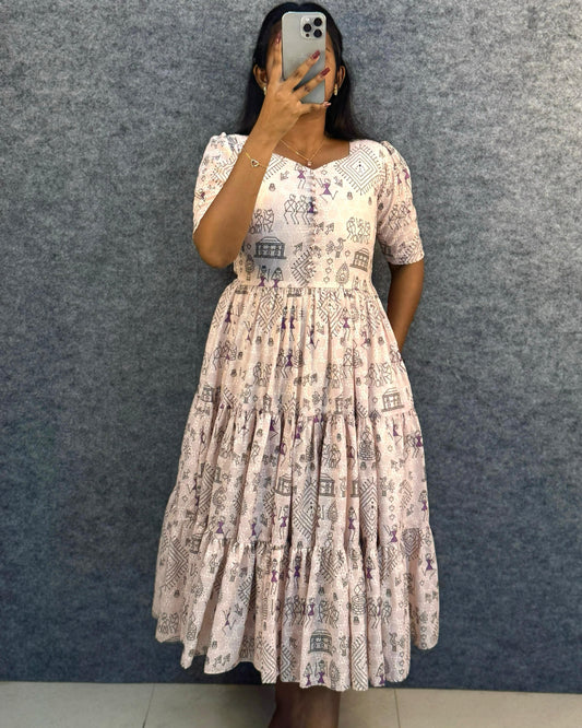 Village Print Hakoba Maxi Gown With One Side Pocket