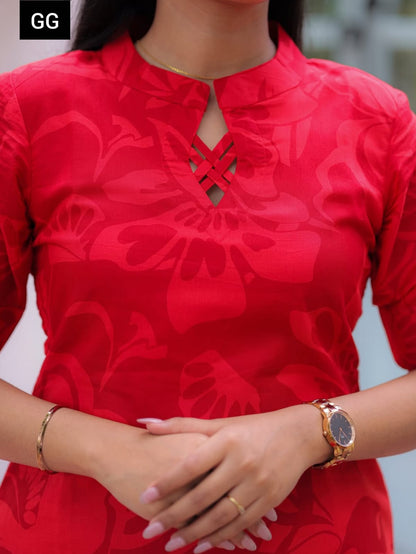 Red Bloom Printed Cotton Cord Set For Daily Wear
