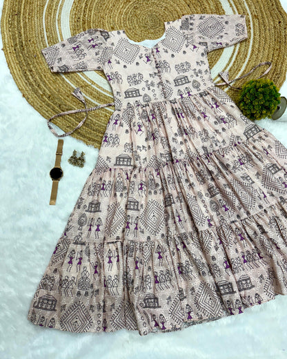 Village Print Hakoba Maxi Gown With One Side Pocket
