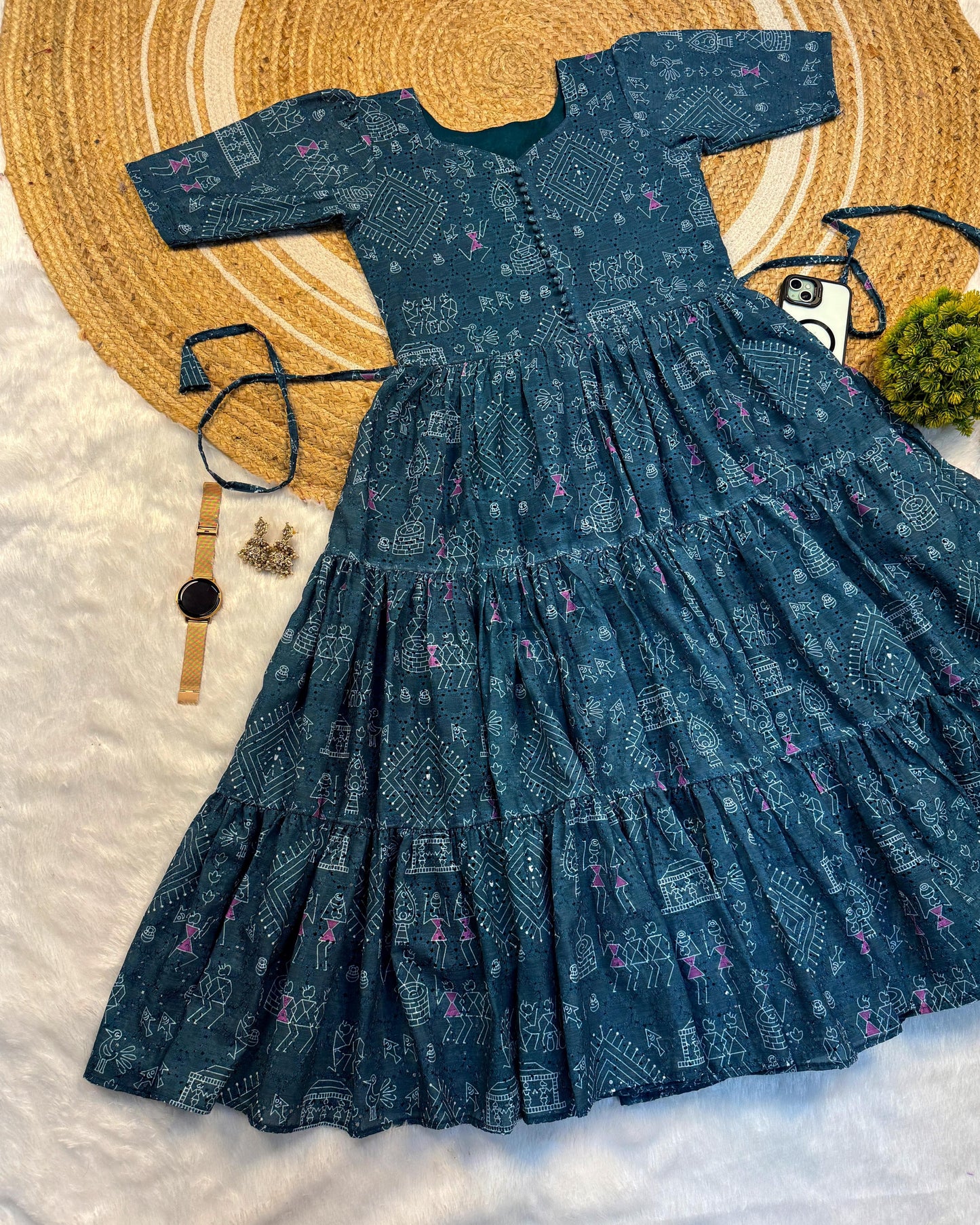 Village Print Hakoba Maxi Gown With One Side Pocket