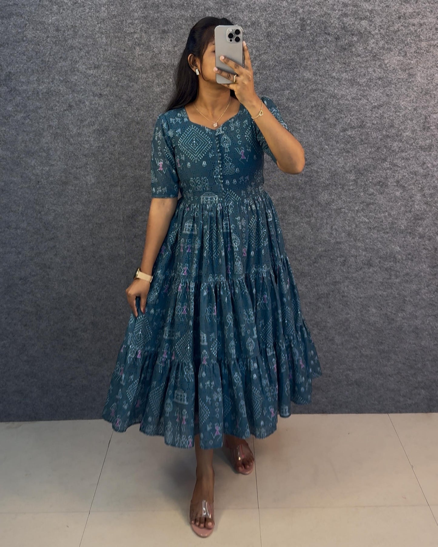 Village Print Hakoba Maxi Gown With One Side Pocket
