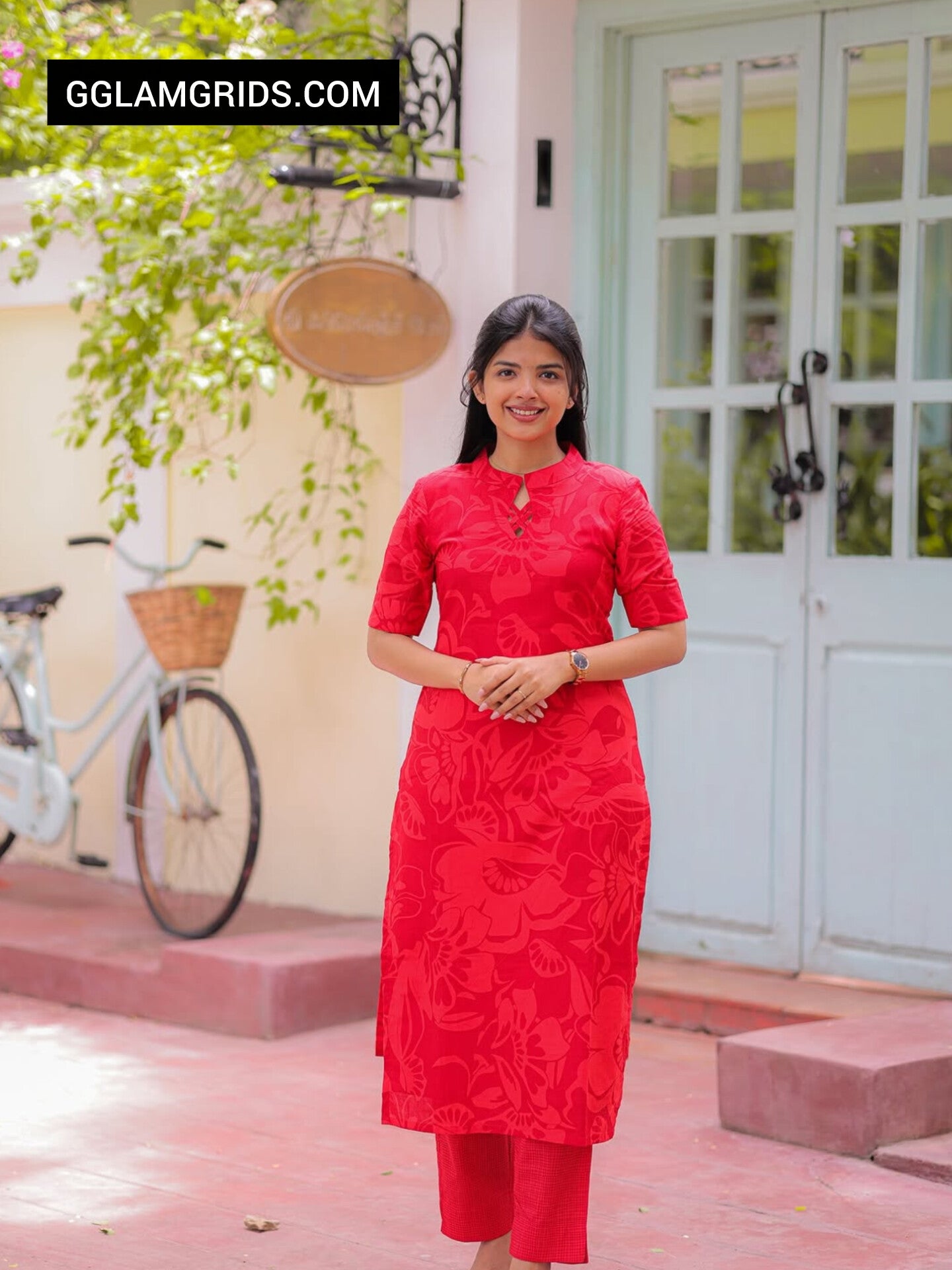 Red Bloom Printed Cotton Cord Set For Daily Wear