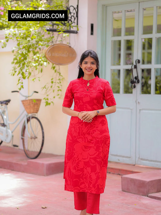 Red Bloom Printed Cotton Cord Set For Daily Wear